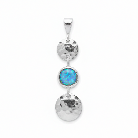 Silver 925 triple drop hammered memorial pendant with blue opal flakes, white background