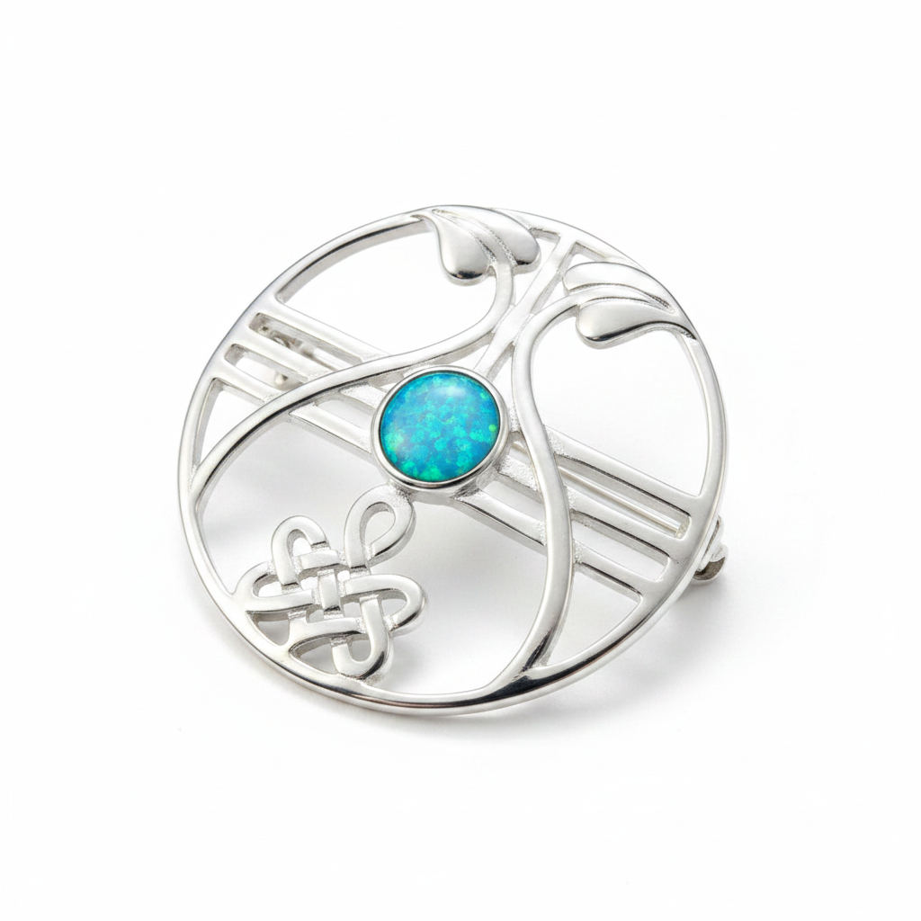 Silver 925 Celtic round open-work brooch with blue teal opal resin in 6mm central setting on white background