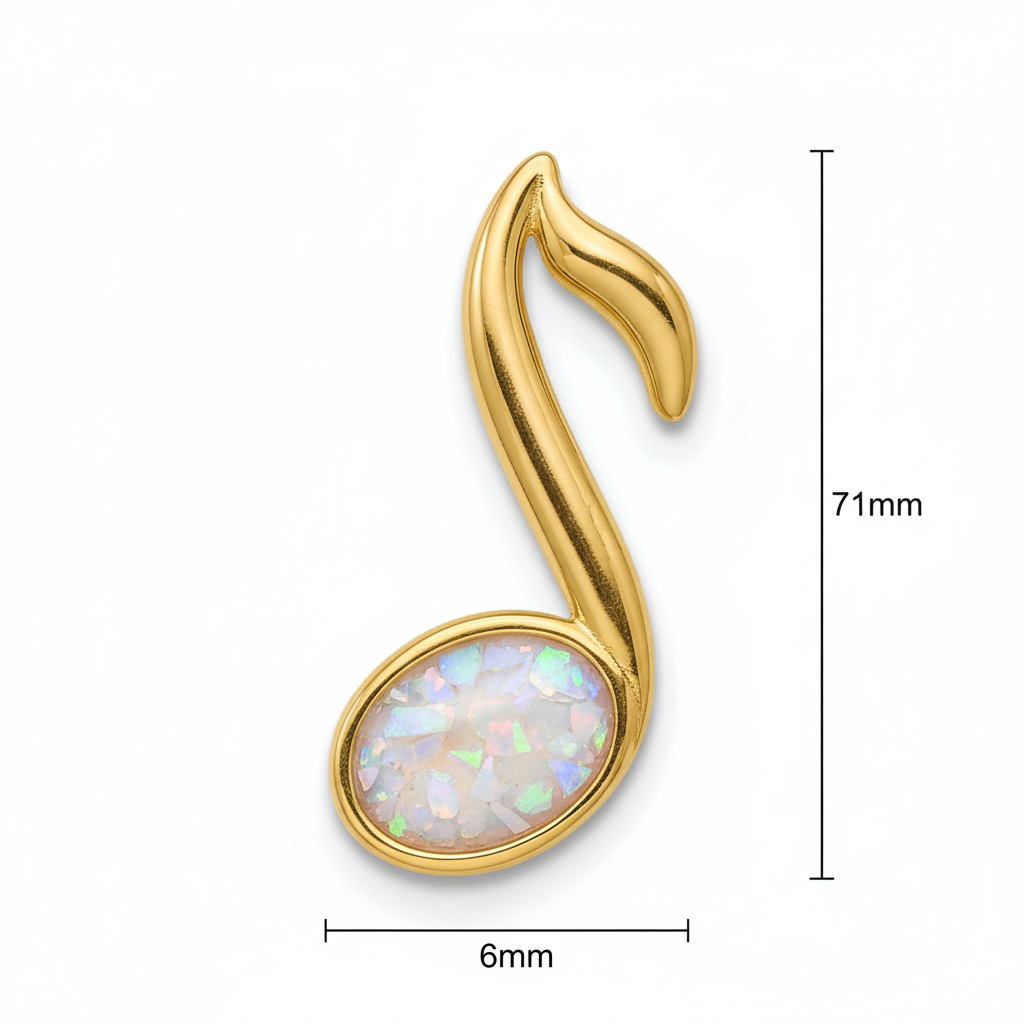 9ct gold music note memorial pendant with white pearl iridescent opal flakes – white background