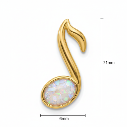 9ct gold music note memorial pendant with white pearl iridescent opal flakes – white background