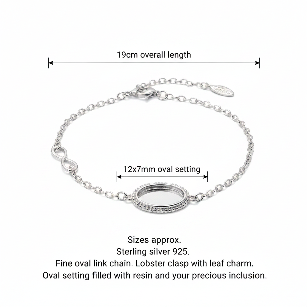 Silver 925 milgrain oval memorial bracelet dimensions guide — 12x7mm oval setting, 19cm overall length, lobster clasp with leaf charm