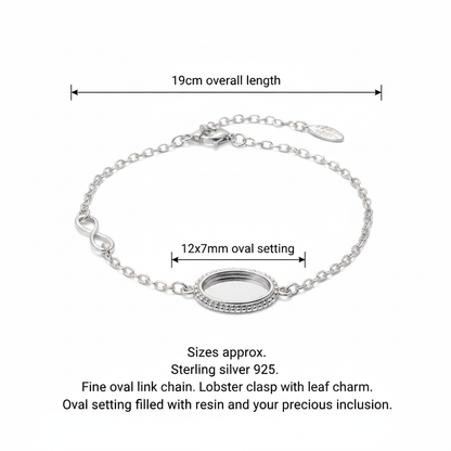 Silver 925 milgrain oval memorial bracelet dimensions guide — 12x7mm oval setting, 19cm overall length, lobster clasp with leaf charm