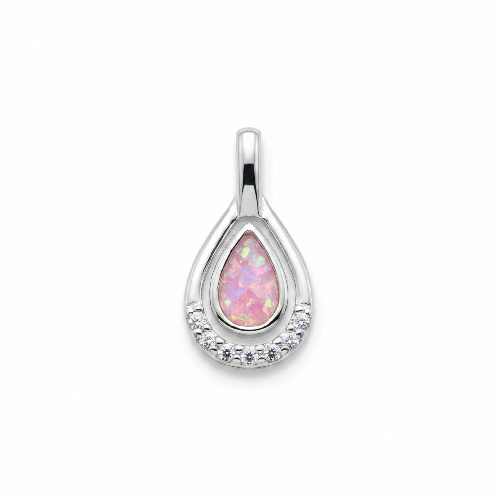 Silver 925 CZ teardrop memorial pendant with pink opal flakes, white background