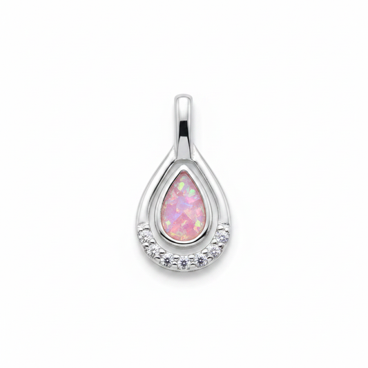 Silver 925 CZ teardrop memorial pendant with pink opal flakes, white background