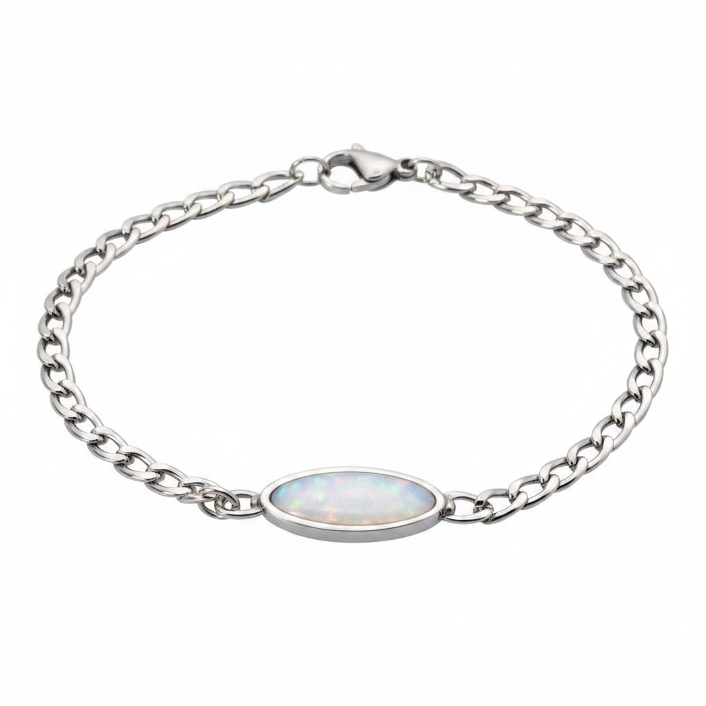 Stainless steel oval curb chain memorial bracelet with white pearl opal shimmer resin inclusion on white background