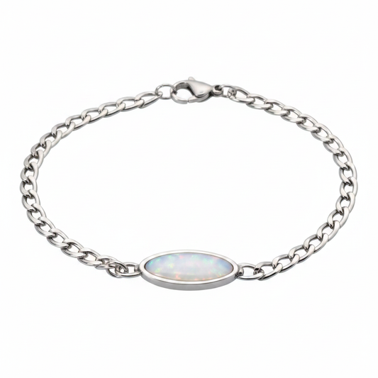 Stainless steel oval curb chain memorial bracelet with white pearl opal shimmer resin inclusion on white background