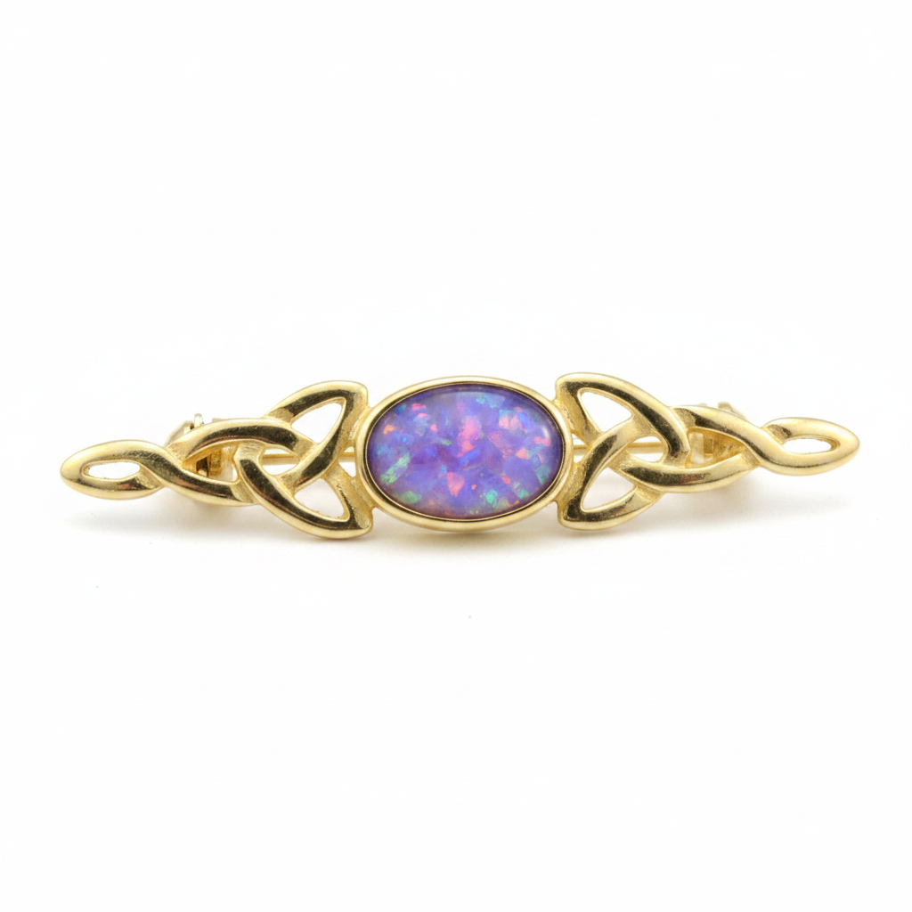 9ct gold Celtic trinity knot lapel brooch with lavender purple opal resin in 7x5mm central setting on white background