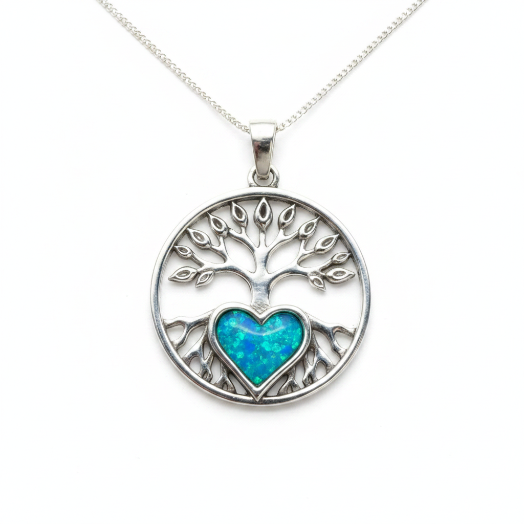 925 sterling silver tree of life memorial pendant necklace with blue teal opal resin in heart bezel on white background