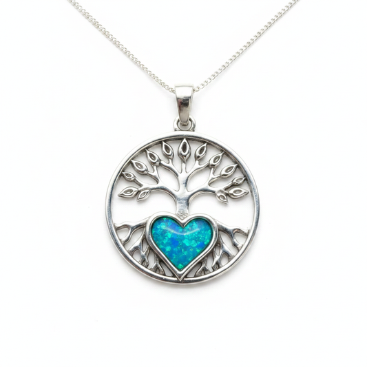 925 sterling silver tree of life memorial pendant necklace with blue teal opal resin in heart bezel on white background