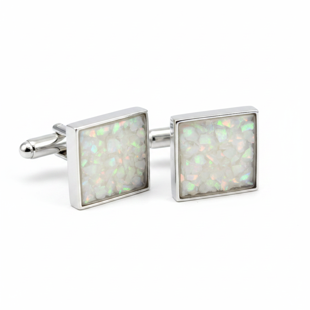 Silver 925 square cufflinks with white pearl opal resin in 14.5mm setting on white background
