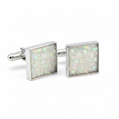 Silver 925 square cufflinks with white pearl opal resin in 14.5mm setting on white background