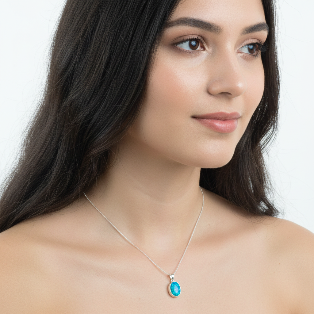 Model wearing silver 925 oval bezel memorial pendant necklace at true scale