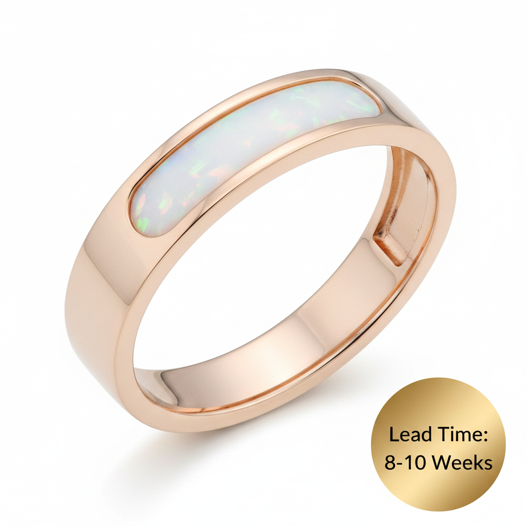 9ct rose gold 6mm rounded front face channel band ring with white pearl opal resin, white background, lead time 8-10 weeks