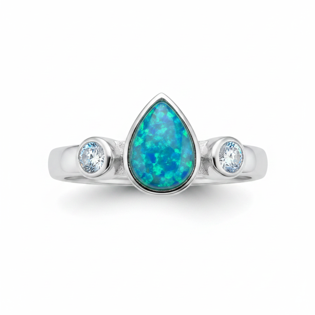 Mini pear double gem 925 silver ring with blue teal opal resin top-down view on white background