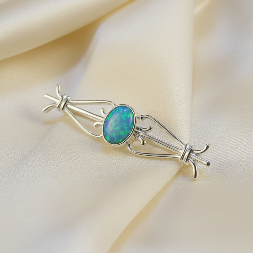 Silver 925 classic bar brooch worn on cream silk fabric lifestyle memorial jewellery shot