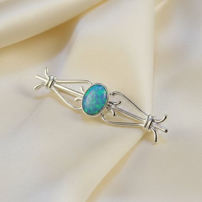 Silver 925 classic bar brooch worn on cream silk fabric lifestyle memorial jewellery shot
