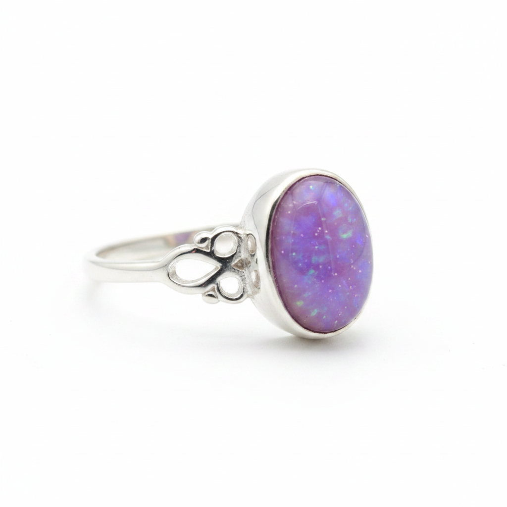 Silver 925 Celtic ring — lavender purple opal flakes resin in 8x6mm oval setting, Celtic trefoil shoulder detail