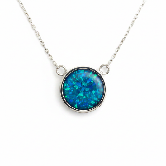 Circle memorial pendant necklace 316L stainless steel blue teal opal flakes