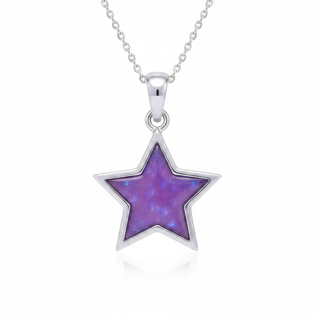 Star 925 silver pendant with lavender purple opal resin interior, white background