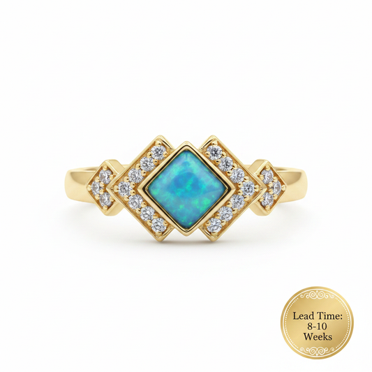 9K gold Art Deco CZ ring — blue teal opal resin, white background, 8-10 week lead time sticker