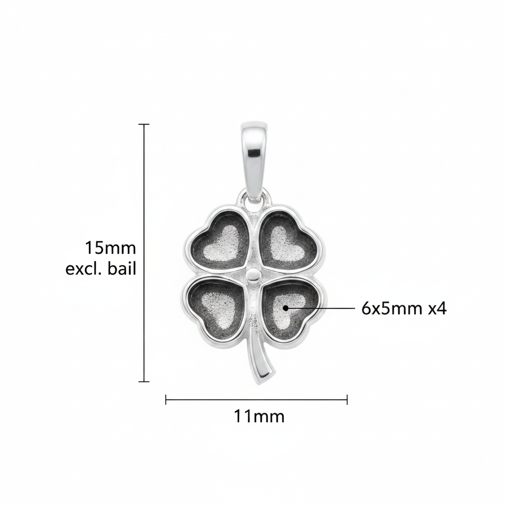 Silver 925 four leaf clover memorial pendant dimensions — 15x11mm excl. bail, 6x5mm heart settings x4