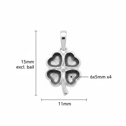 Silver 925 four leaf clover memorial pendant dimensions — 15x11mm excl. bail, 6x5mm heart settings x4