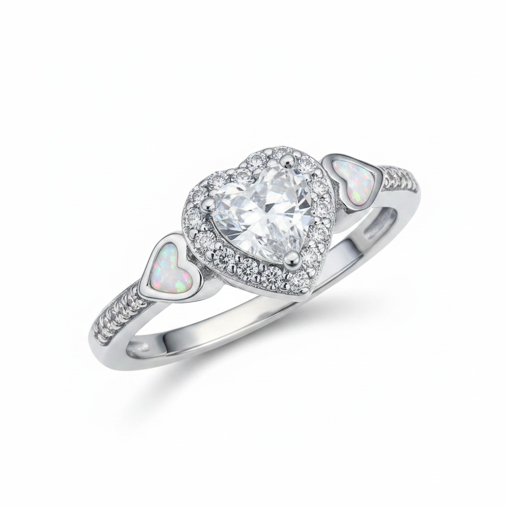 Silver 925 CZ heart cluster ring with white pearl opal resin in shoulder heart accents on white background