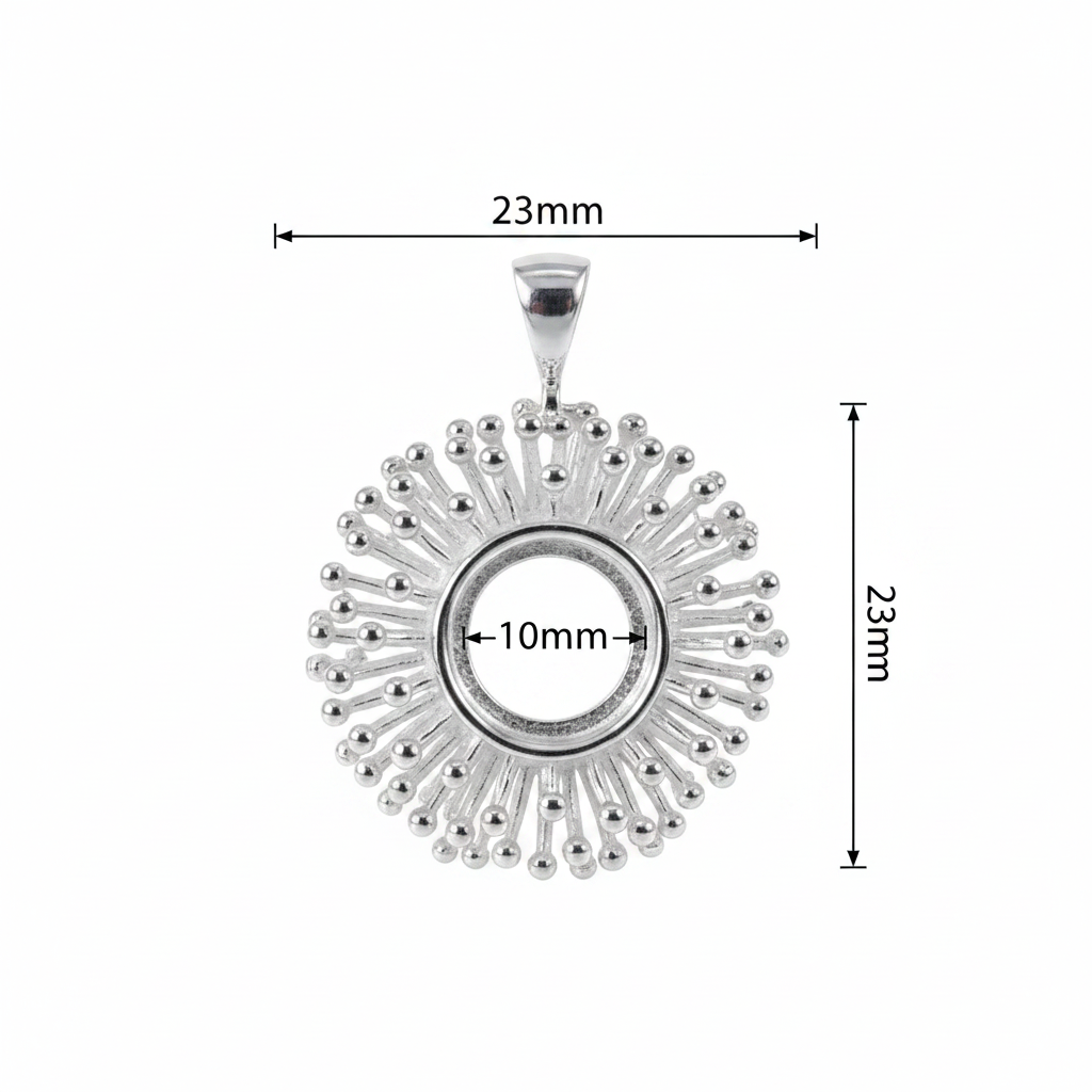 Silver 925 starburst memorial pendant dimensions — 23mm overall, 10mm round centre setting