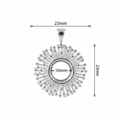 Silver 925 starburst memorial pendant dimensions — 23mm overall, 10mm round centre setting