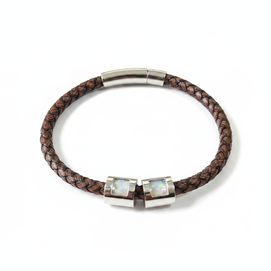 Genuine brown leather memorial bracelet with two white pearl opal resin beads