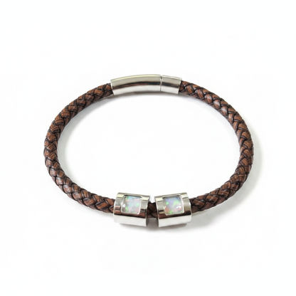 Genuine brown leather memorial bracelet with two white pearl opal resin beads