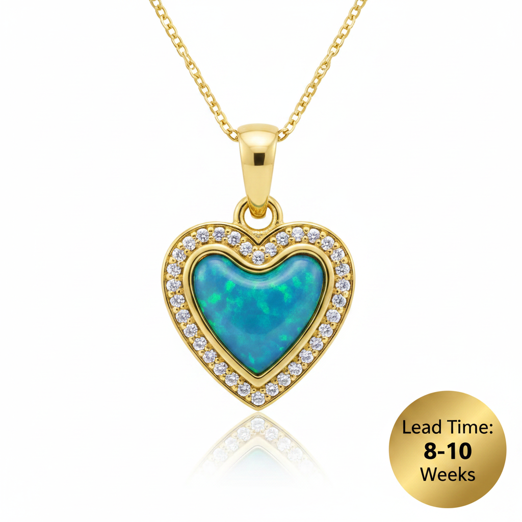 9ct yellow gold CZ crystal heart memorial pendant with blue teal opal resin in heart centre, white background, lead time 8-10 weeks