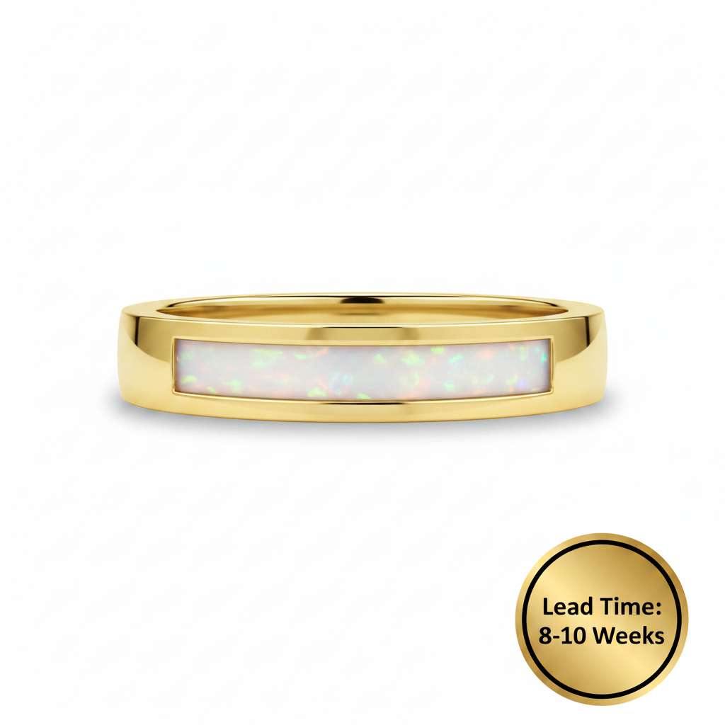 9ct gold 4mm step-edge channel band ring with white pearl opal resin, mirror smooth gold no reflections, straight front view