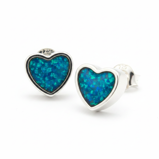 Silver 925 small heart memorial stud earrings — blue teal opal flakes resin in heart setting