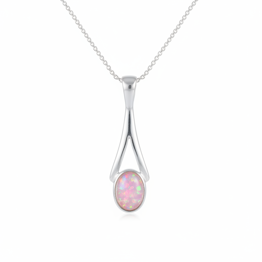 Silver 925 wishbone split teardrop memorial pendant with pink opal flakes, white background