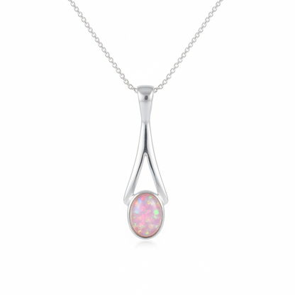 Silver 925 wishbone split teardrop memorial pendant with pink opal flakes, white background