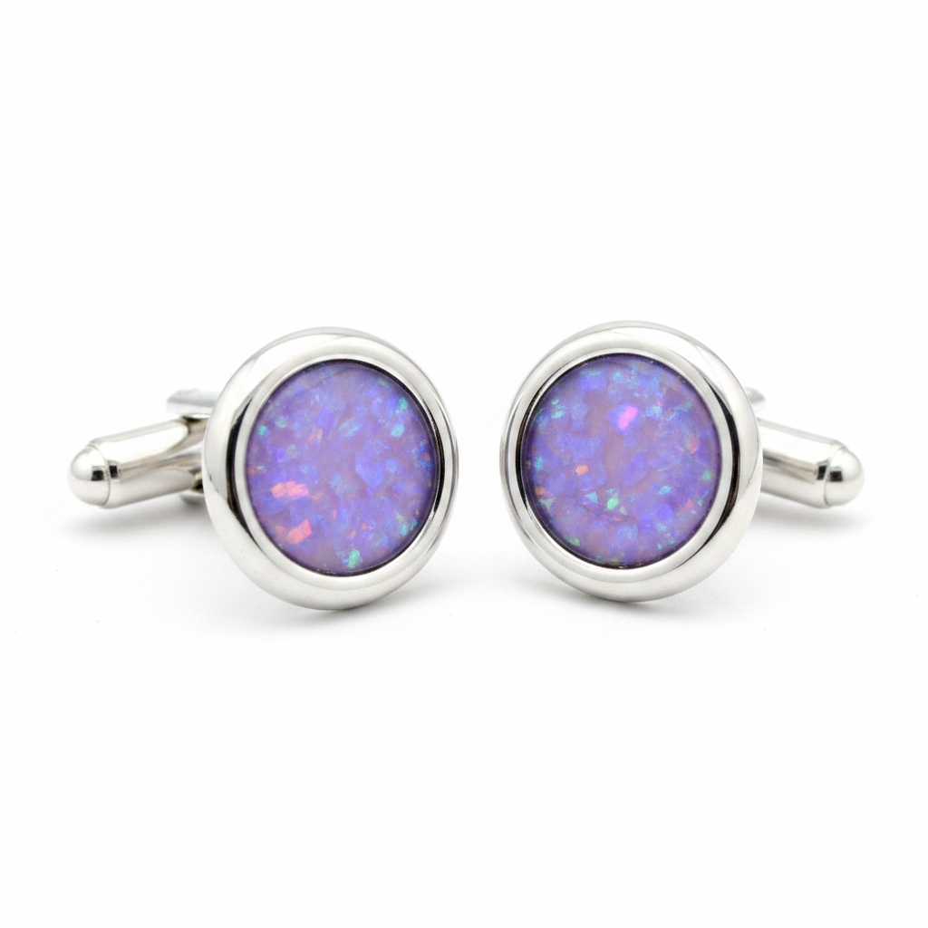 Silver 925 round cufflinks with lavender purple opal resin in 10mm bezel setting on white background