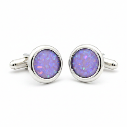 Silver 925 round cufflinks with lavender purple opal resin in 10mm bezel setting on white background