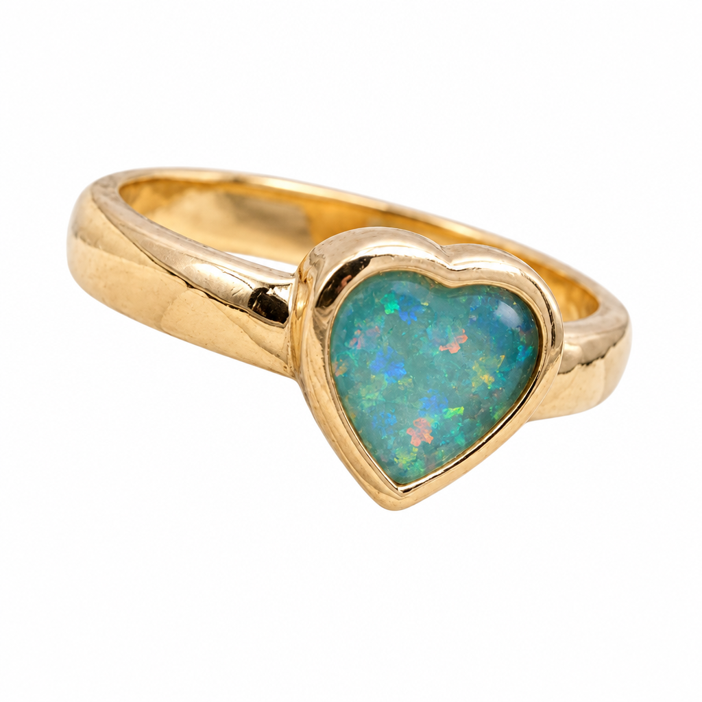 Illustrative 9ct gold Thick Trim Heart memorial ring with blue teal opal resin inclusion