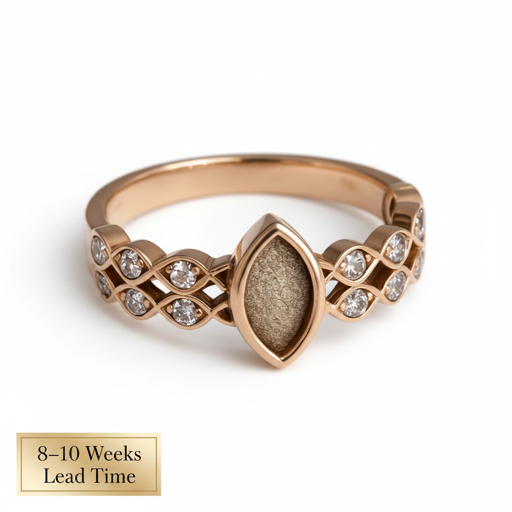 9ct Gold Double Marquise CZ Band Ring — white background, 8-10 weeks lead time sticker