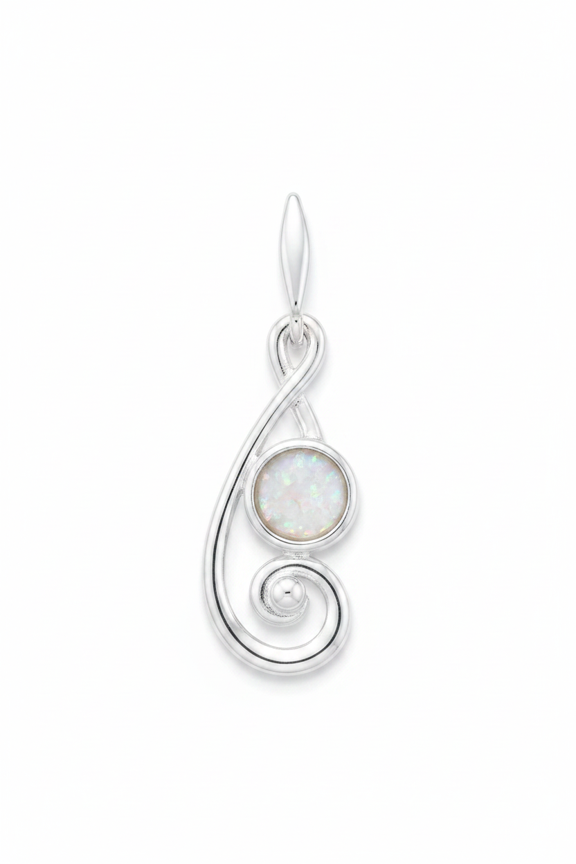 Silver 925 scroll memorial pendant with white opal and mica, white background