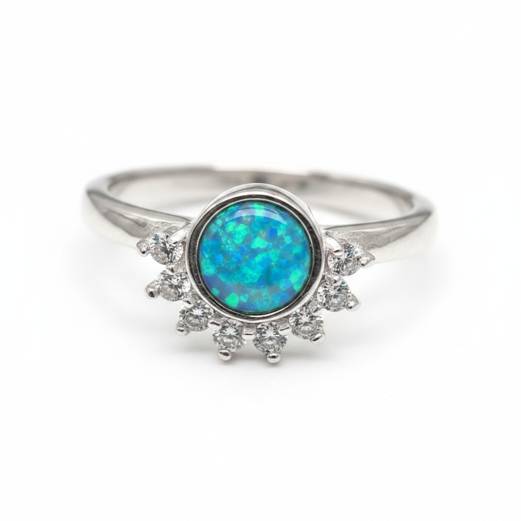 Round half halo CZ bezel 925 silver ring with blue teal opal resin front view on white background