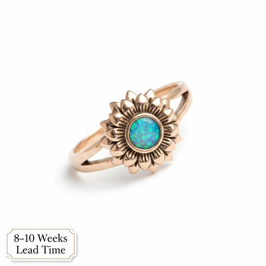 9ct Gold Sunflower Split Shank Ring — blue teal opal resin in centre bezel, white background