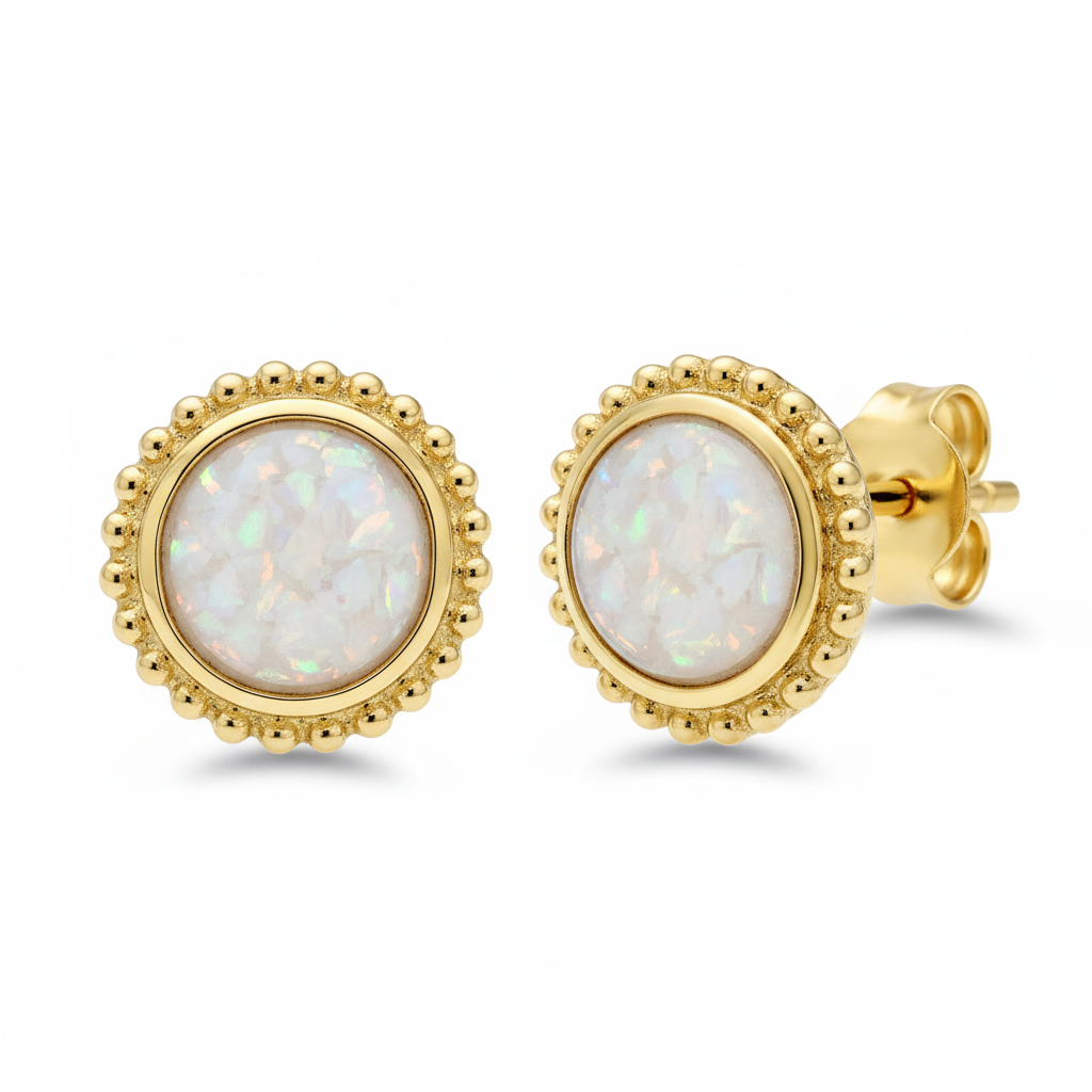 Gold bead edge round stud earrings with white opal memorial resin