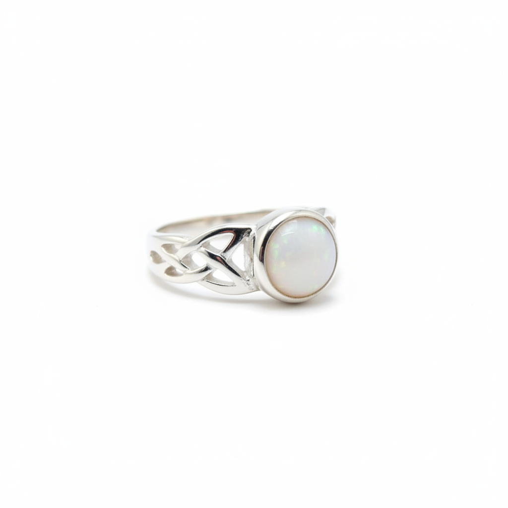 Silver 925 Celtic knotwork shoulder memorial ring — white pearl opal flakes resin in 6mm round setting, open Celtic knotwork shoulders