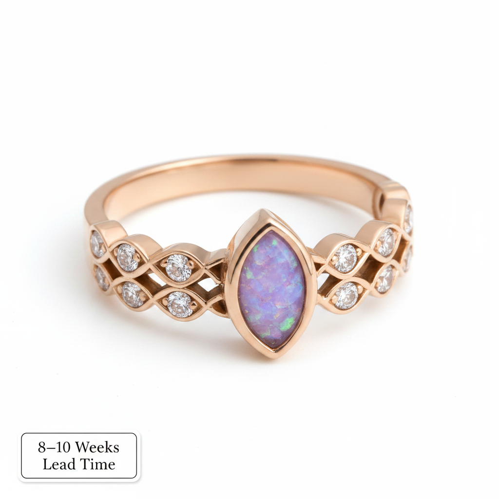 9ct Gold Double Marquise CZ Band Ring — lavender opal resin, white background