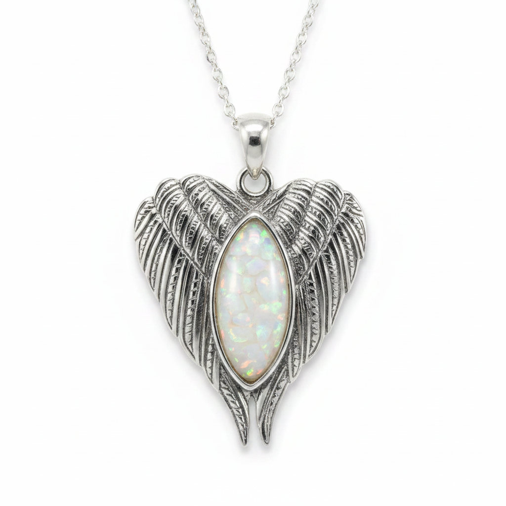 Silver 925 angel wings memorial pendant — white pearl opal flakes domed resin inclusion