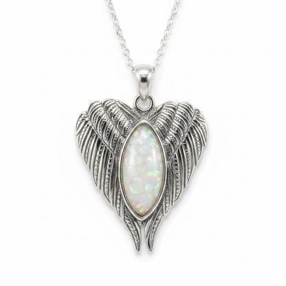 Silver 925 angel wings memorial pendant — white pearl opal flakes domed resin inclusion