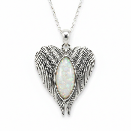 Silver 925 angel wings memorial pendant — white pearl opal flakes domed resin inclusion