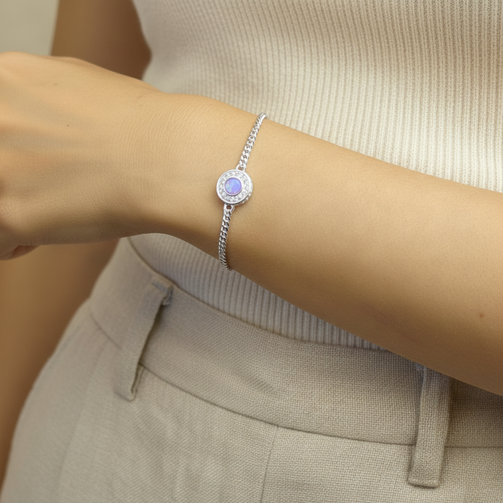 Lavender opal bracelet on wrist